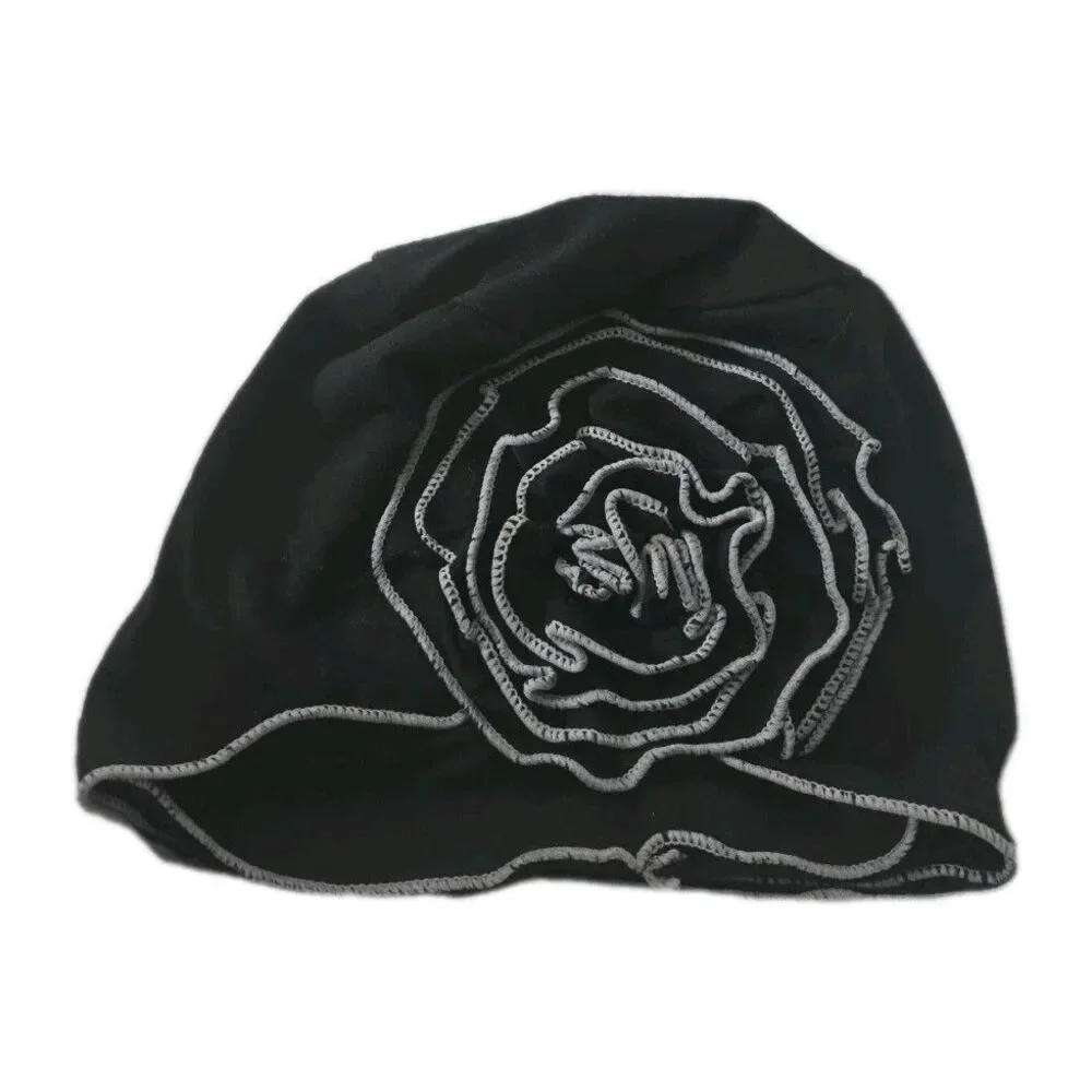 Black Embroidered Rose Beanie Hat White Stitch Floral Gothic Boho Cozy